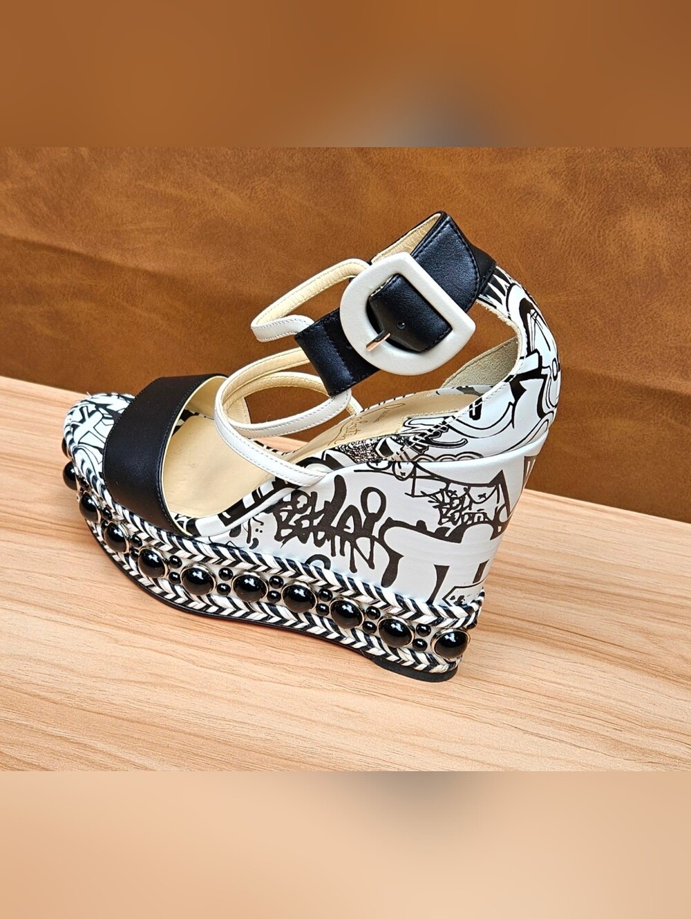 Christian Louboutin Black & White Graffiti Wedge Buckle Sandals Size 5 US - Picture 4 of 16